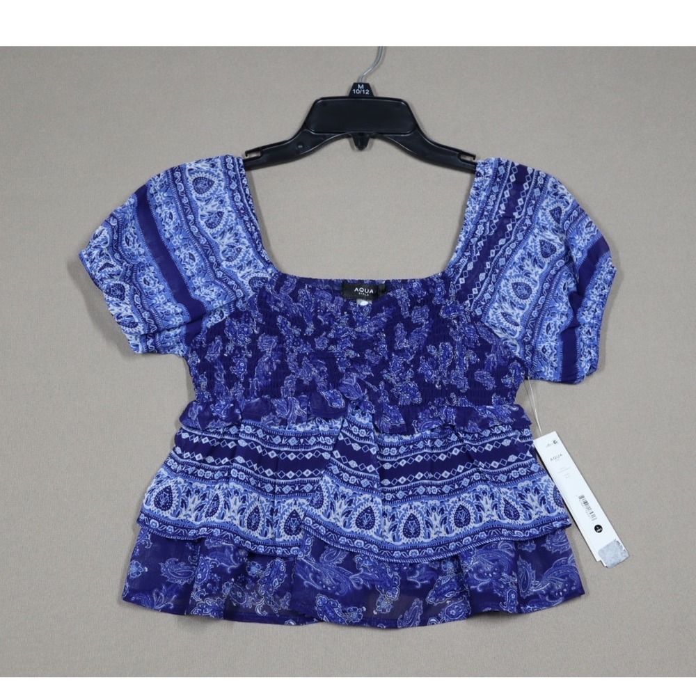 Aqua Girls' Smocked Puff‎ Sleeve Top - Blue Paisley - Size Large (10/12)